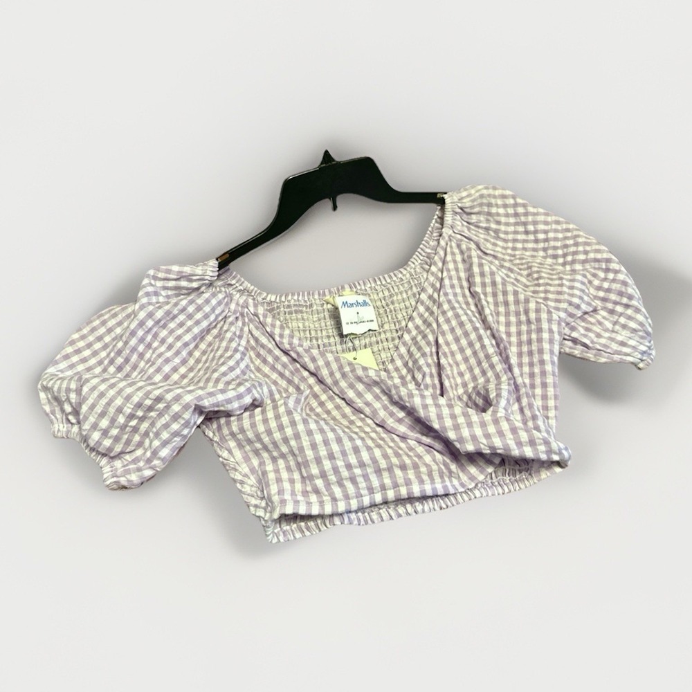 Sim & Sam Top Medium Lilac Cropped Smocked Puff Sleeves Crossover Gingham Cotton